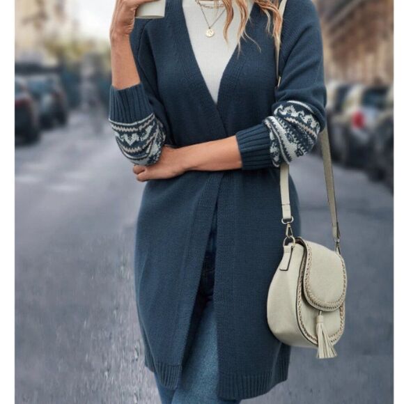 SHEIN Geometric Pattern Casual Cardigan - XL Dusty Blue - Picture 2 of 5